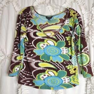 Women’s 90s Y2K Chaudry KC Boho Floral Sequin V Neck Top Sz Medium